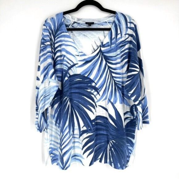 Talbots Tropical Blue & White Sweater V-Neck Size 2X Palm Print Plus Coastal - Picture 1 of 10